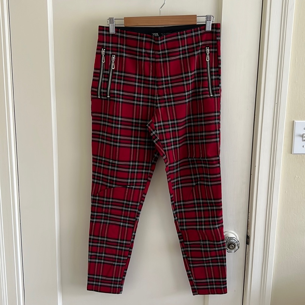 Zara Red Plaid Leggings with Black & White Tartan